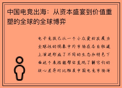 中国电竞出海：从资本盛宴到价值重塑的全球的全球博弈